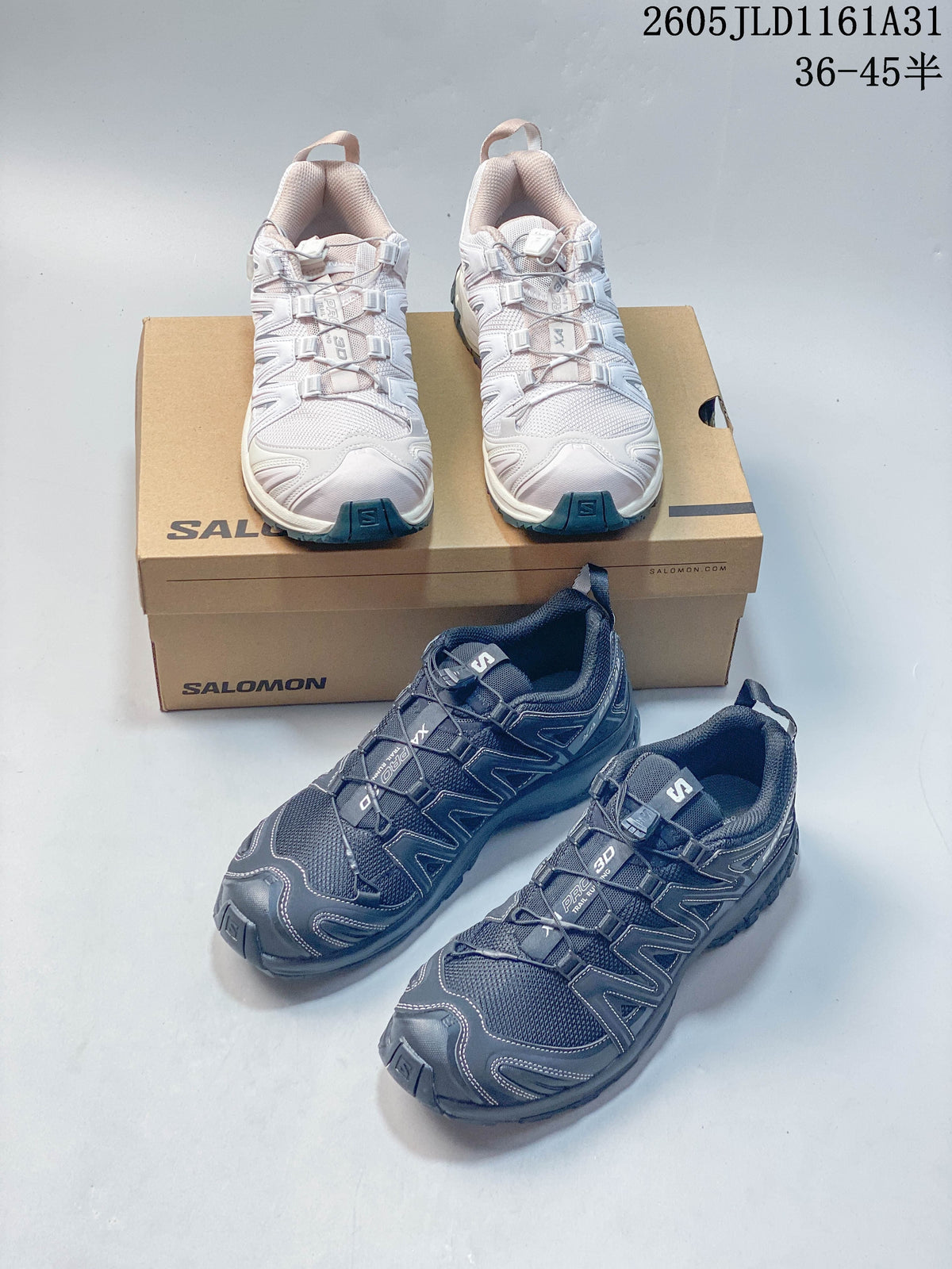 White and dark gray Salomon XA Pro 3D sneakers shown together.