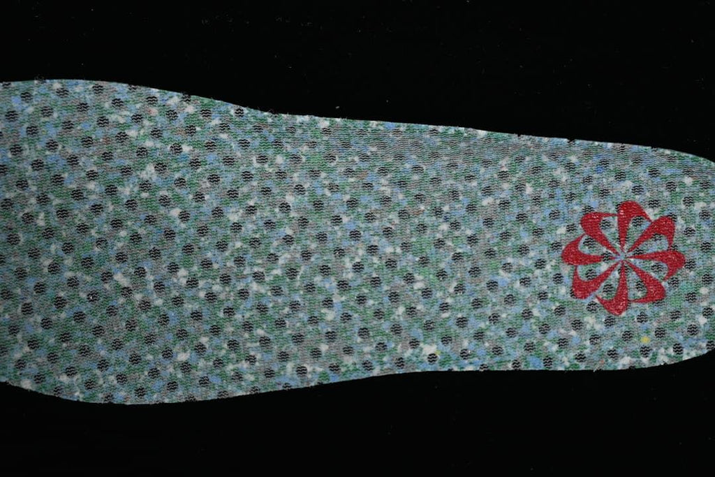 Reverse side of the patterned insole with a red emblem