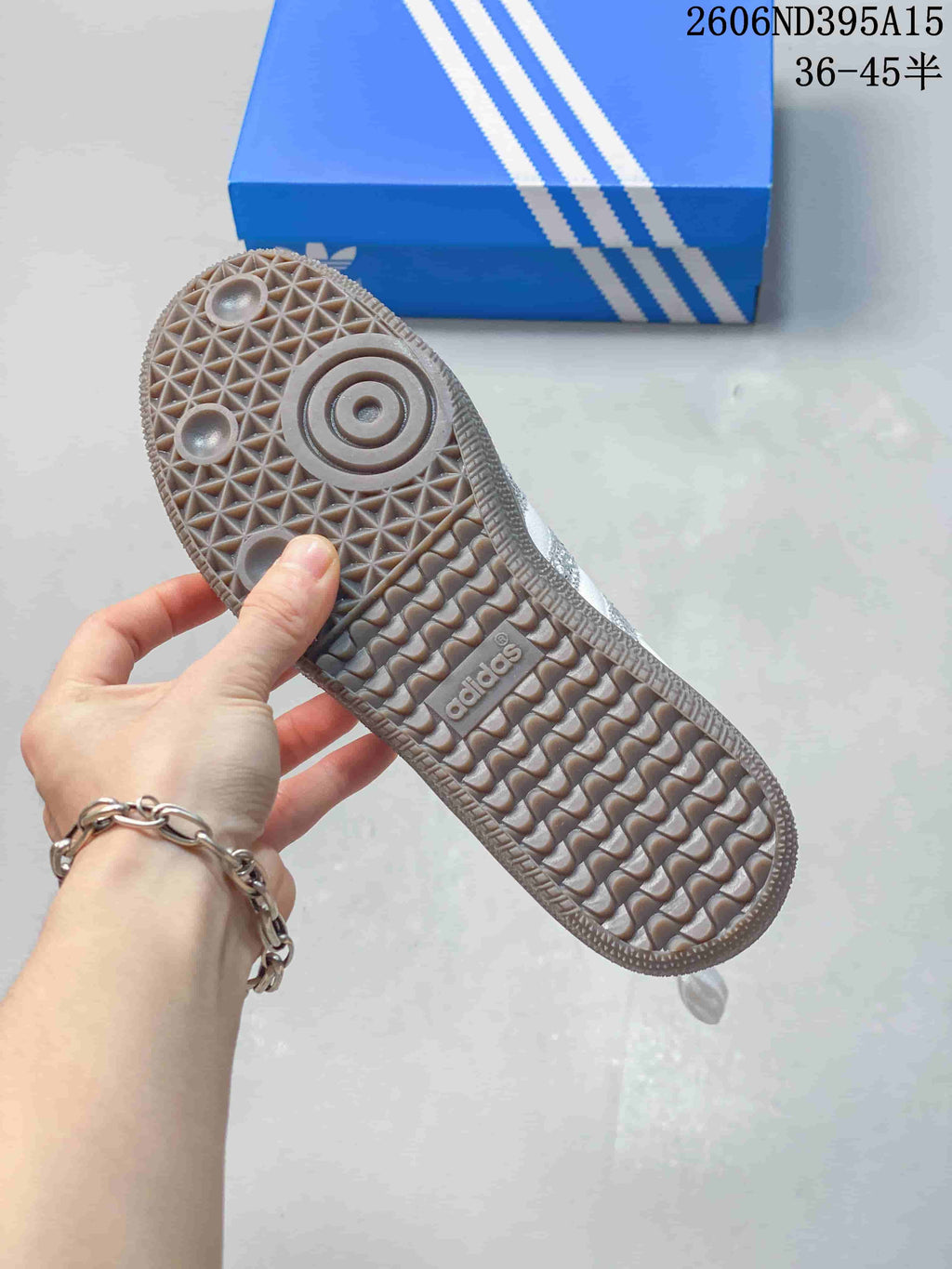 Close-up of the sneaker's textured gum-tone outsole