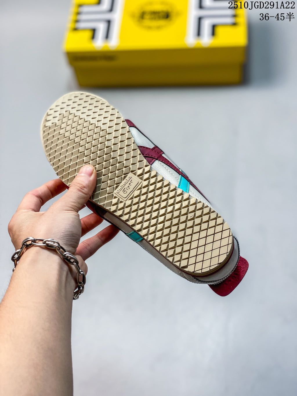 Close-up of the patterned gum-colored outsole on an off-white Onitsuka Tiger sneaker.