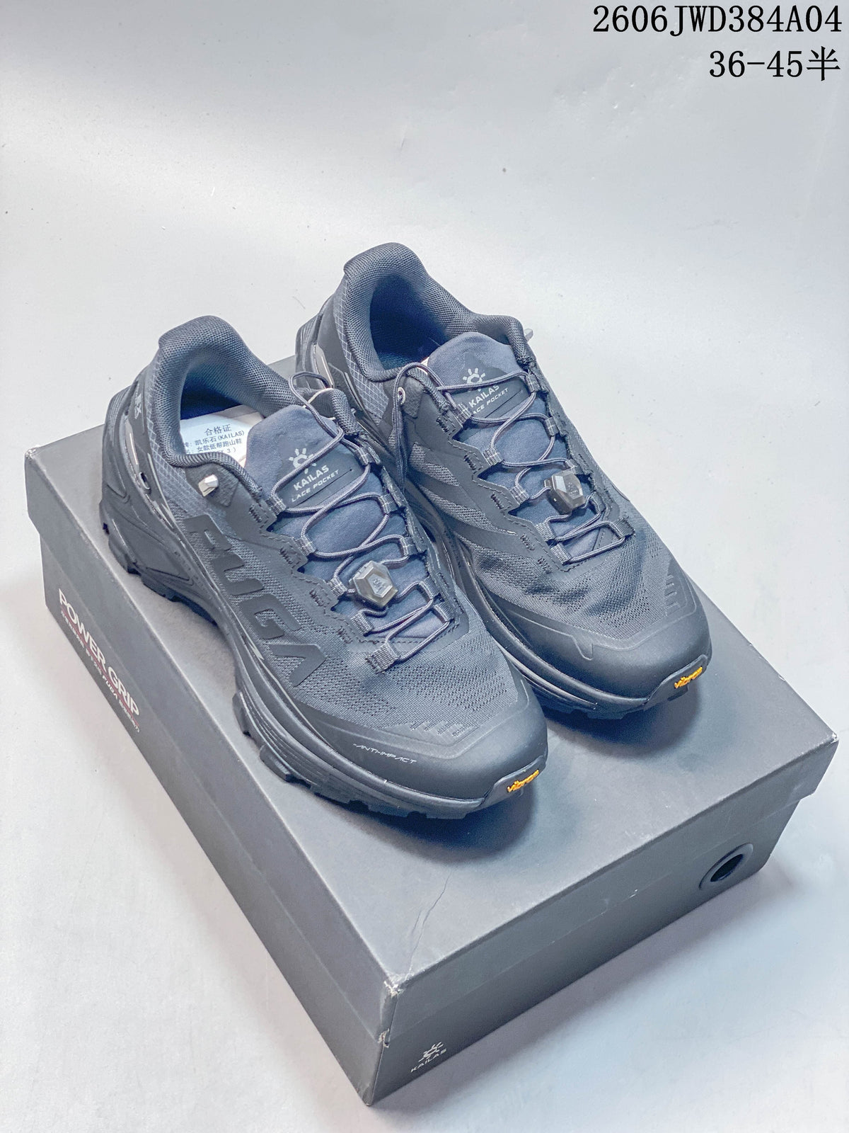 Pair of gray KAILAS FUGA EX3 hiking shoes displayed on a box