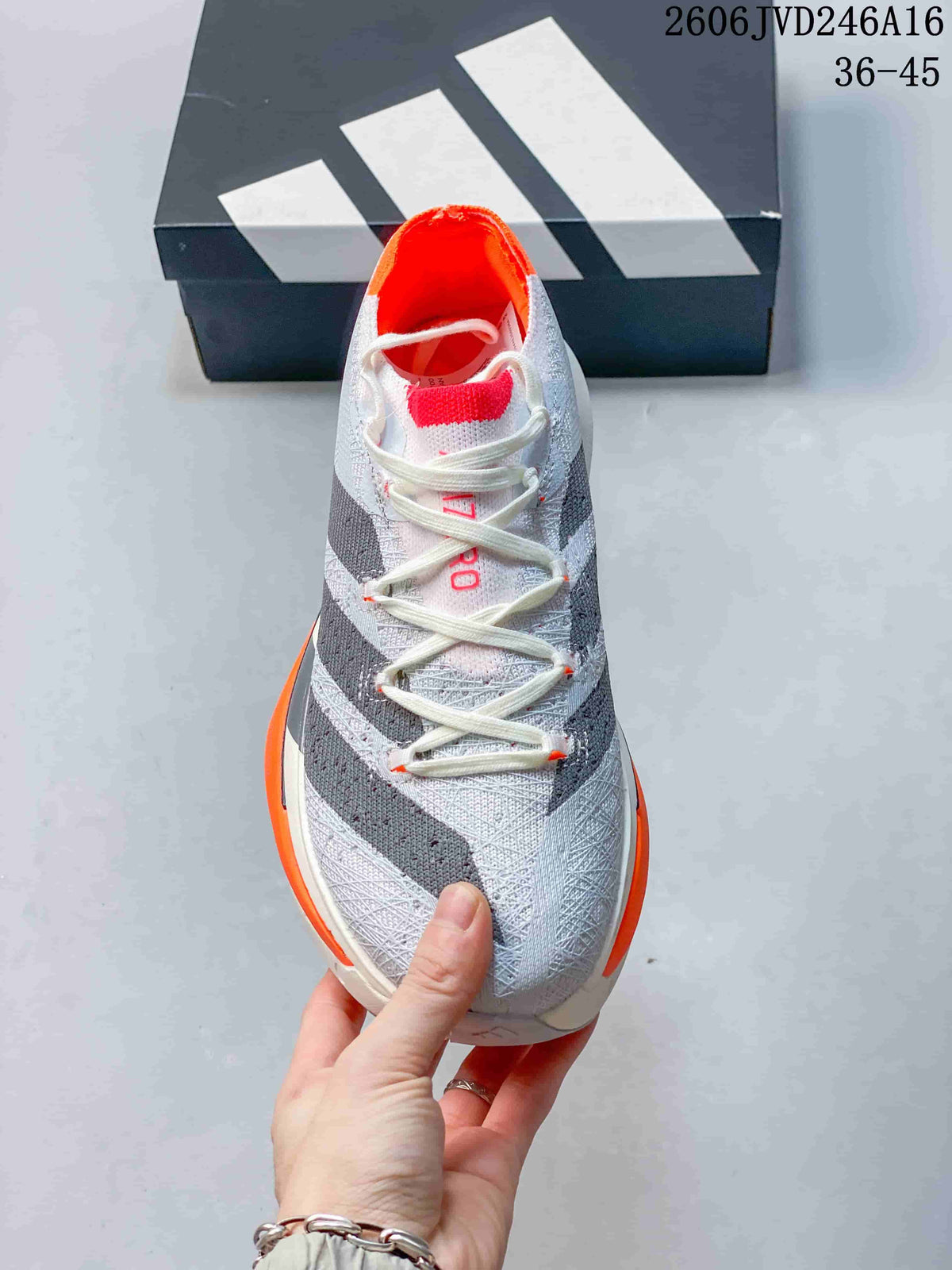 Top view of the shoe showing its laces, tongue and patterned upper.
