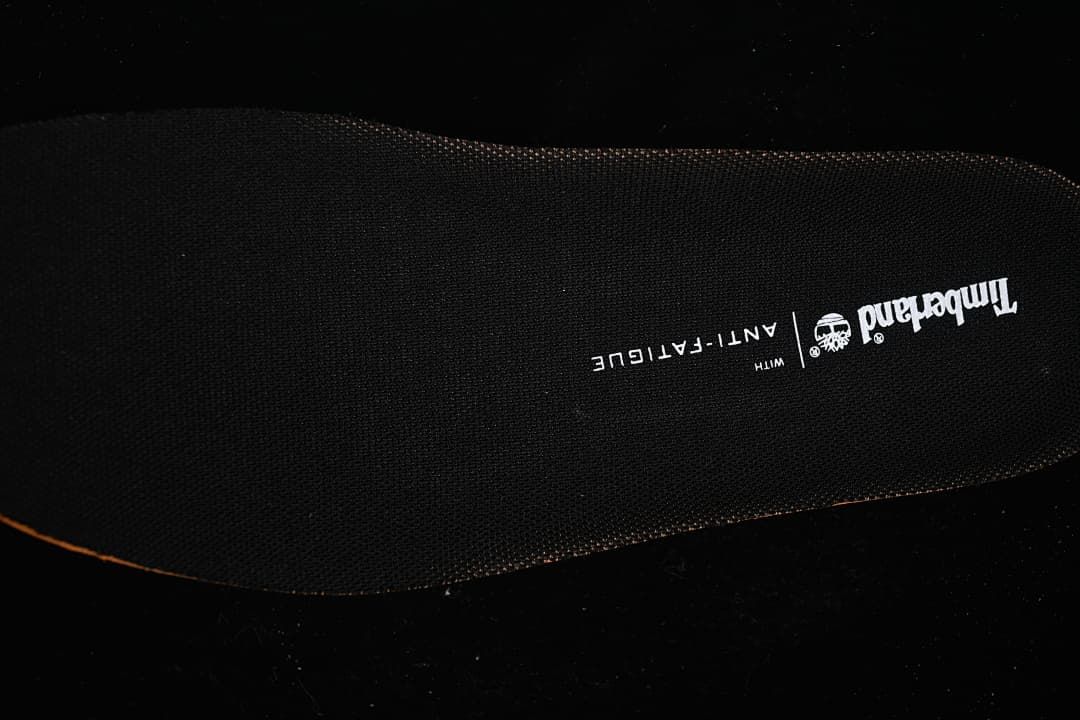 Close-up of the black insole with Timberland and Anti-Fatigue lettering.