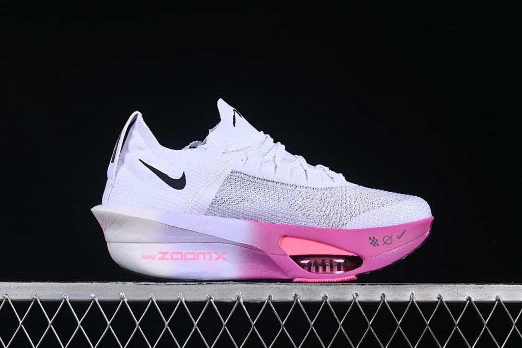 Side profile of the white Nike Alphafly 3 with black Swoosh and pink forefoot accent