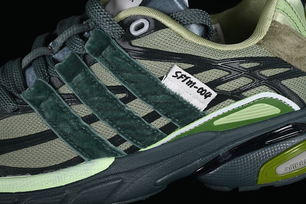 Close-up of the layered side panels, stripes, and collaboration detail.