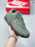 Olive green Nike Air Max 90 low-top sneaker with a dark sole