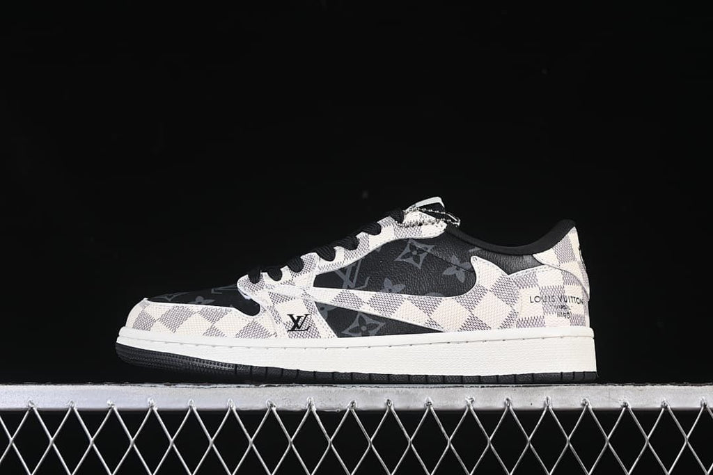 Side view of a low-top sneaker with gray check-pattern panels, dark patterned sections, and a white midsole.
