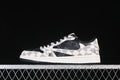 Side view of a low-top sneaker with gray check-pattern panels, dark patterned sections, and a white midsole.