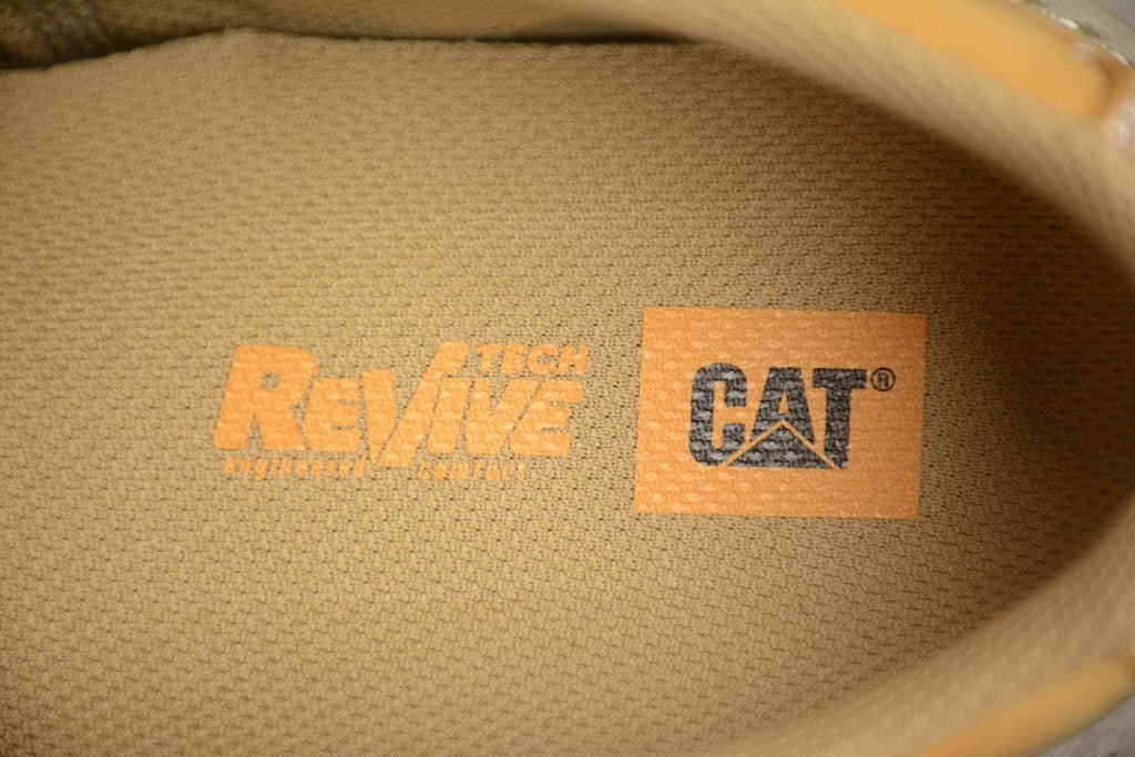 Close-up of the shoe's insole with CAT and ReVive markings