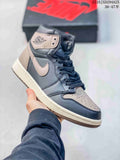Gray and muted pink high-top sneaker with a perforated toe and side Swoosh detail