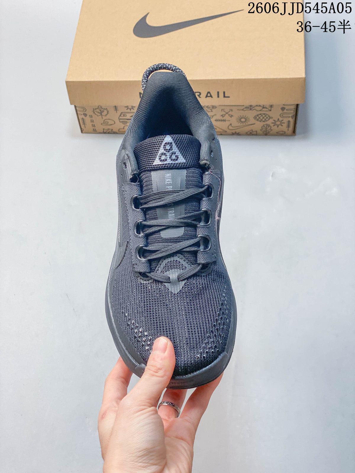 Top view of a gray Nike Pegasus Trail 6 shoe showing its laces and toe