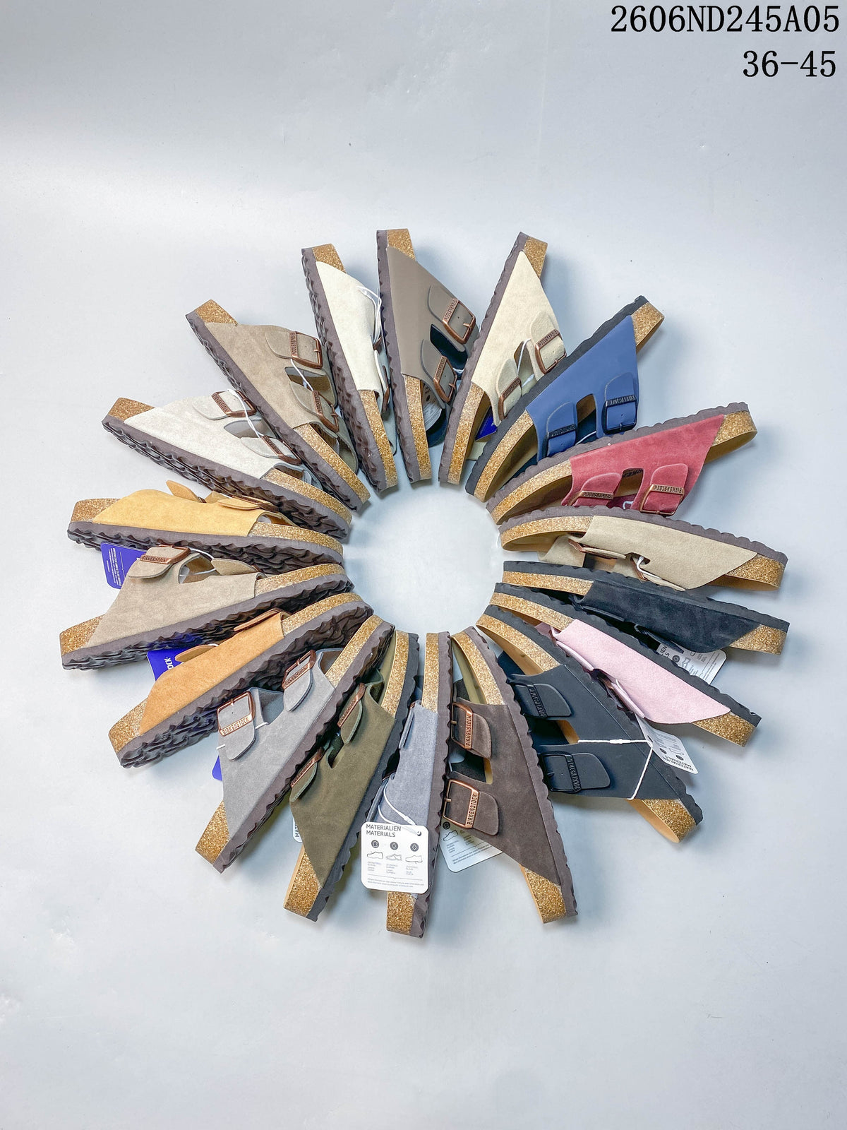 A circular arrangement of two-strap sandals displayed in assorted colors.