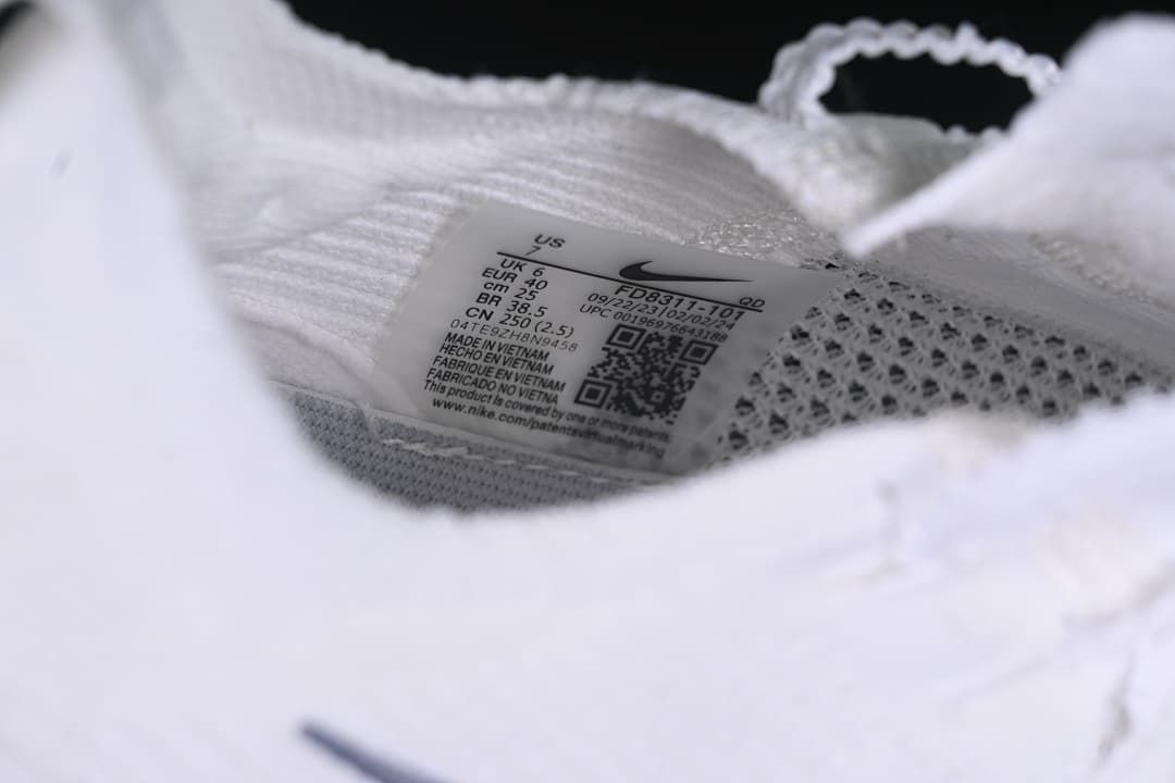 Close-up of the size and product label inside the shoe
