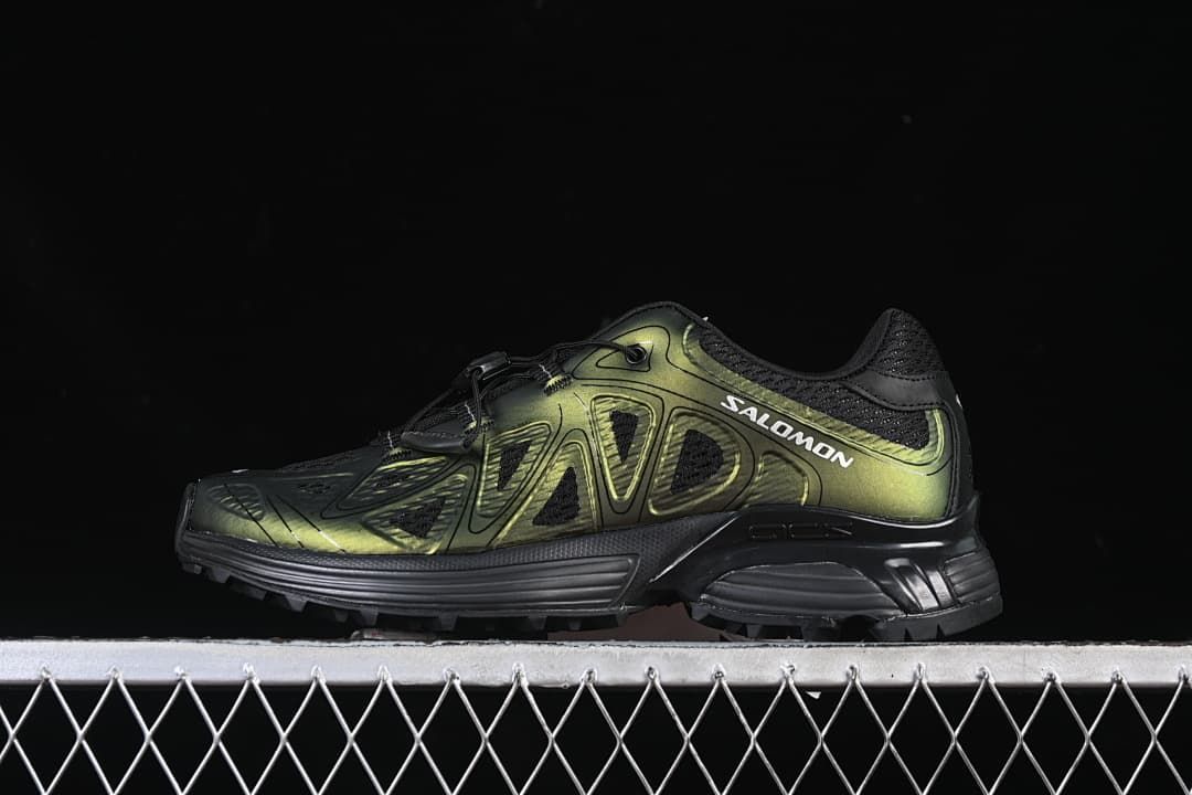 Side view of a black and metallic olive Salomon XT-Whisper Void trail shoe
