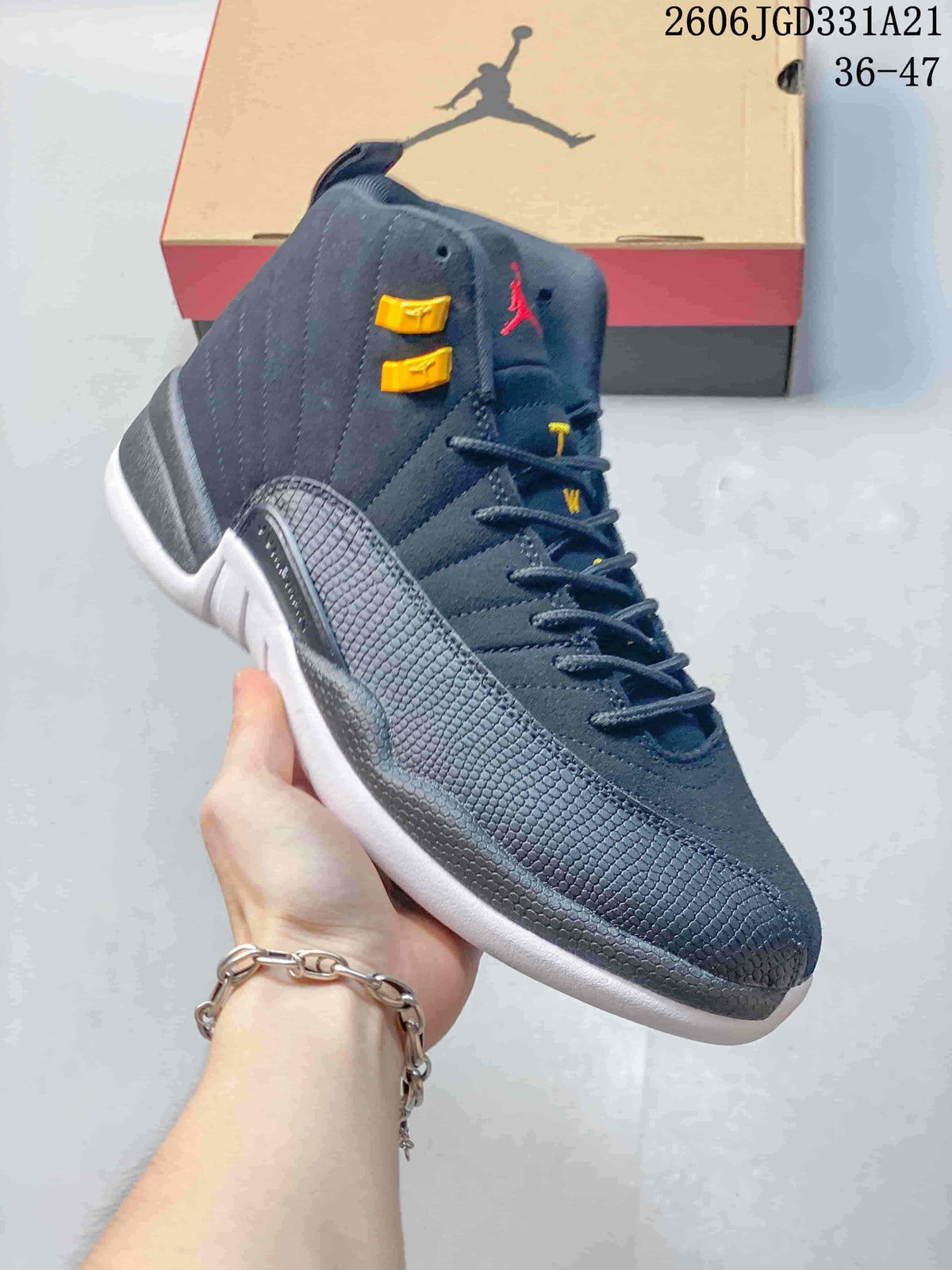 Close-up of a dark gray high-top Air Jordan 12 shoe