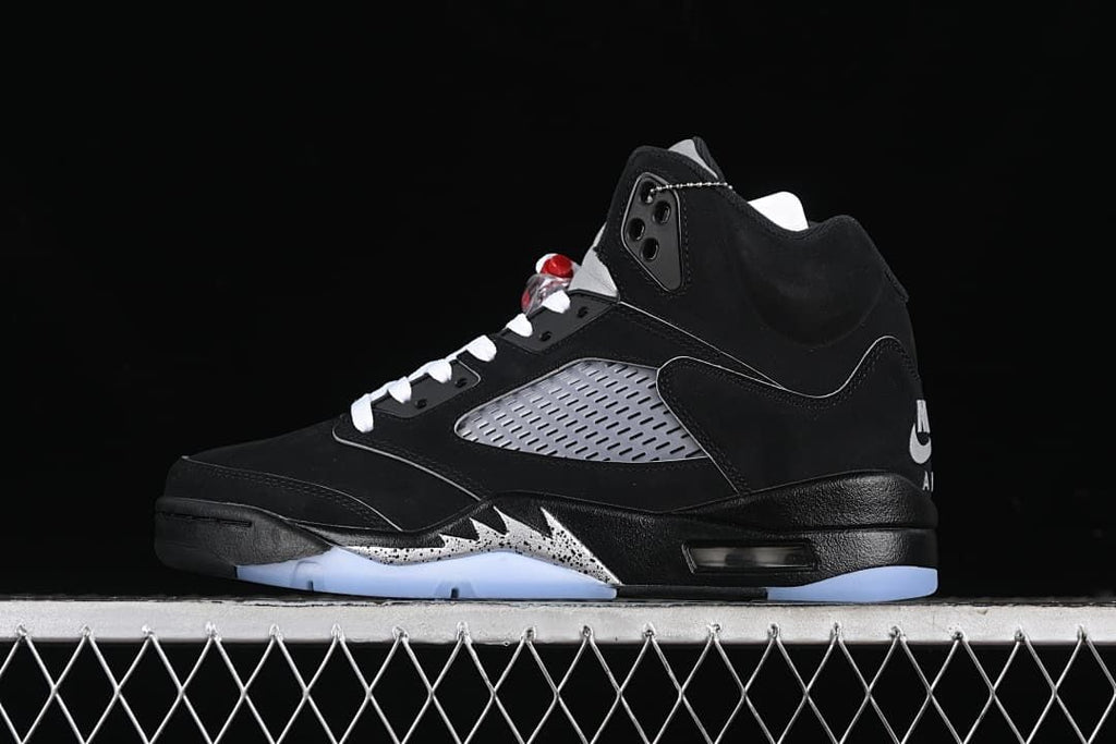 Black Air Jordan 5 high-top sneaker shown from the side