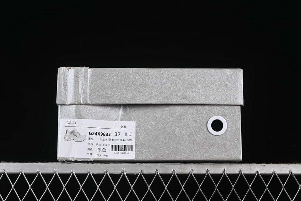 Silver shoe box with a label identifying model G24X9833, women's sizing, and silver color; the photographed size is 37.