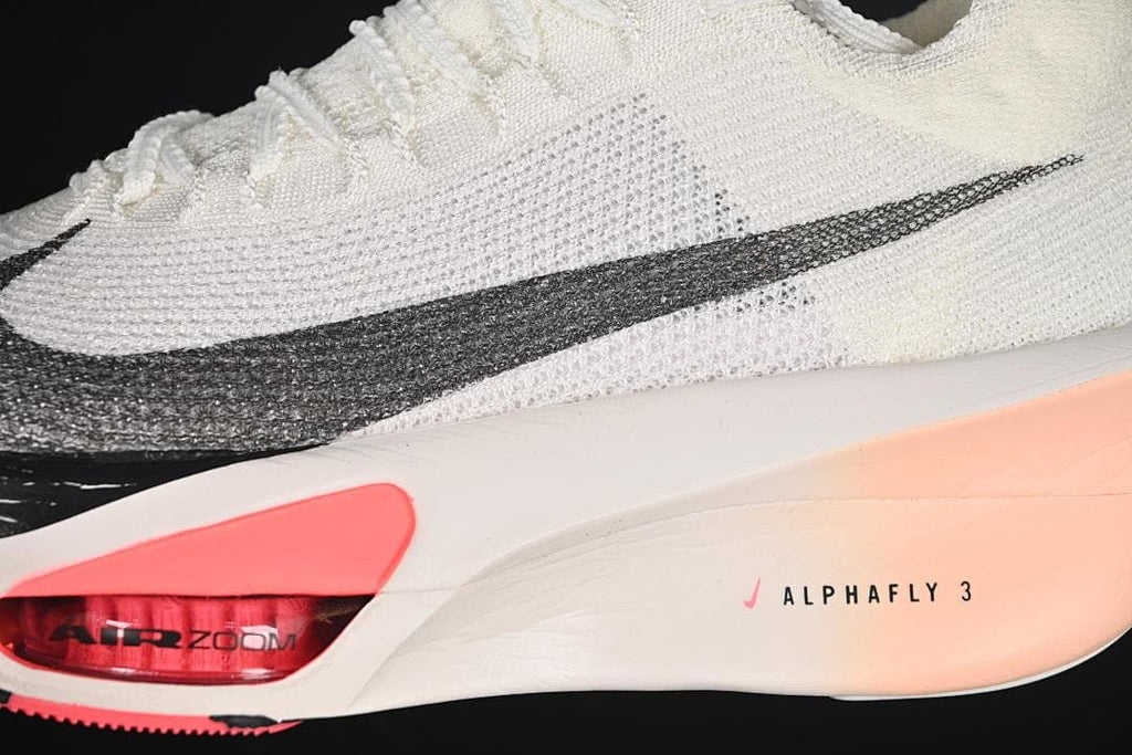 Close-up of the Alphafly 3 side panel, Swoosh, and visible Air Zoom unit
