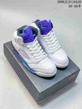 White high-top sneakers with purple and teal accents, shown on a shoebox