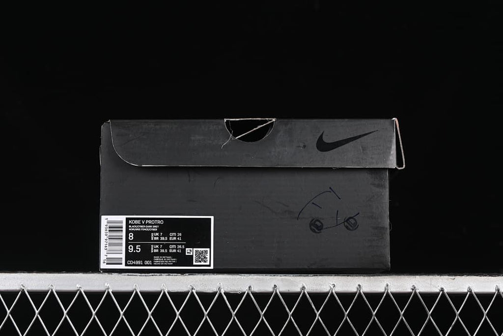 Shoe box label showing Kobe V Protro, CD4991-001, and sample size details
