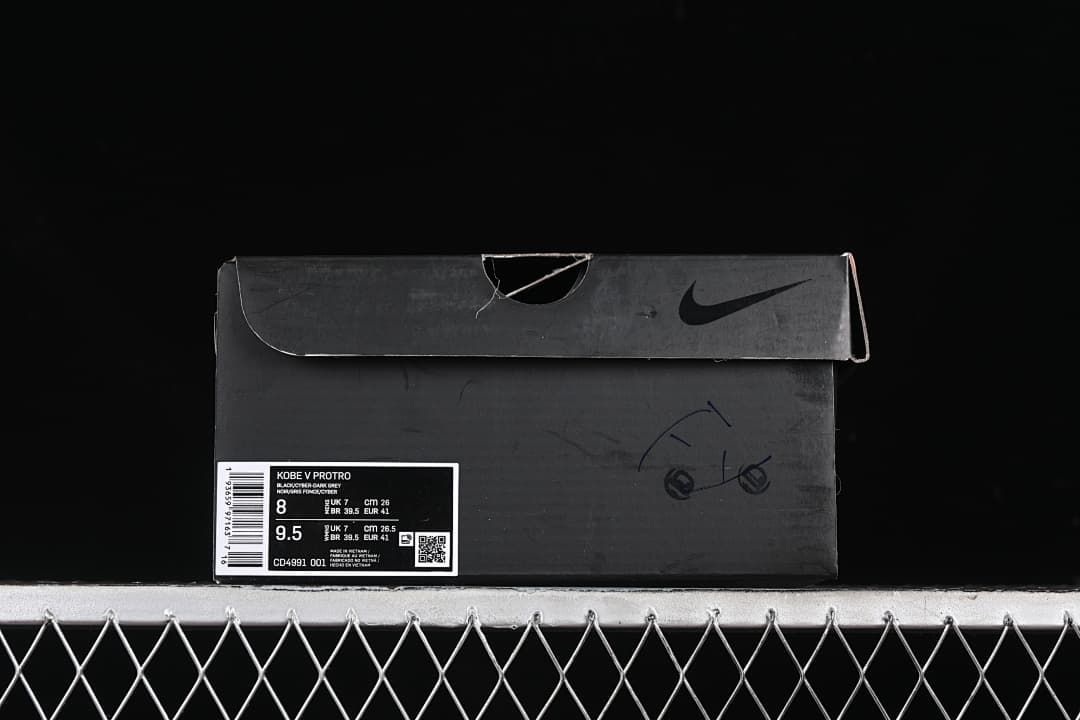 Shoe box label showing Kobe V Protro, CD4991-001, and sample size details