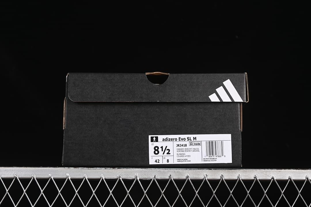 Shoe box label identifying the Adizero Evo SL M, style JR3418, and sample size US 8.5, UK 8, EU 42.