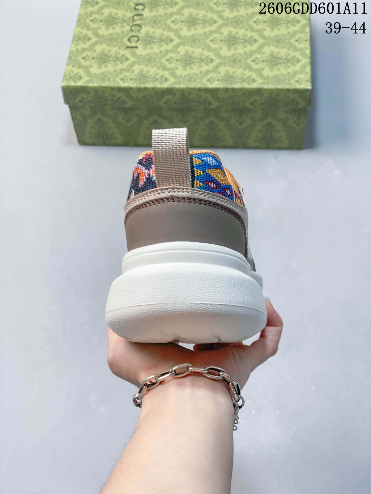 Rear view showing the multicolor heel panel and thick white sole