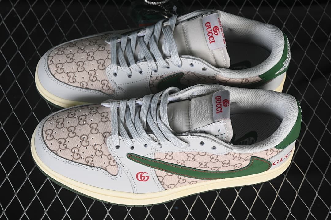 Pair of low-top sneakers shown from above, with gray laces, green accents, and a repeating monogram-style print.