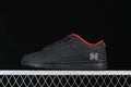 Side profile of a black Nike SB Dunk Low with red collar lining and white 94 heel embroidery