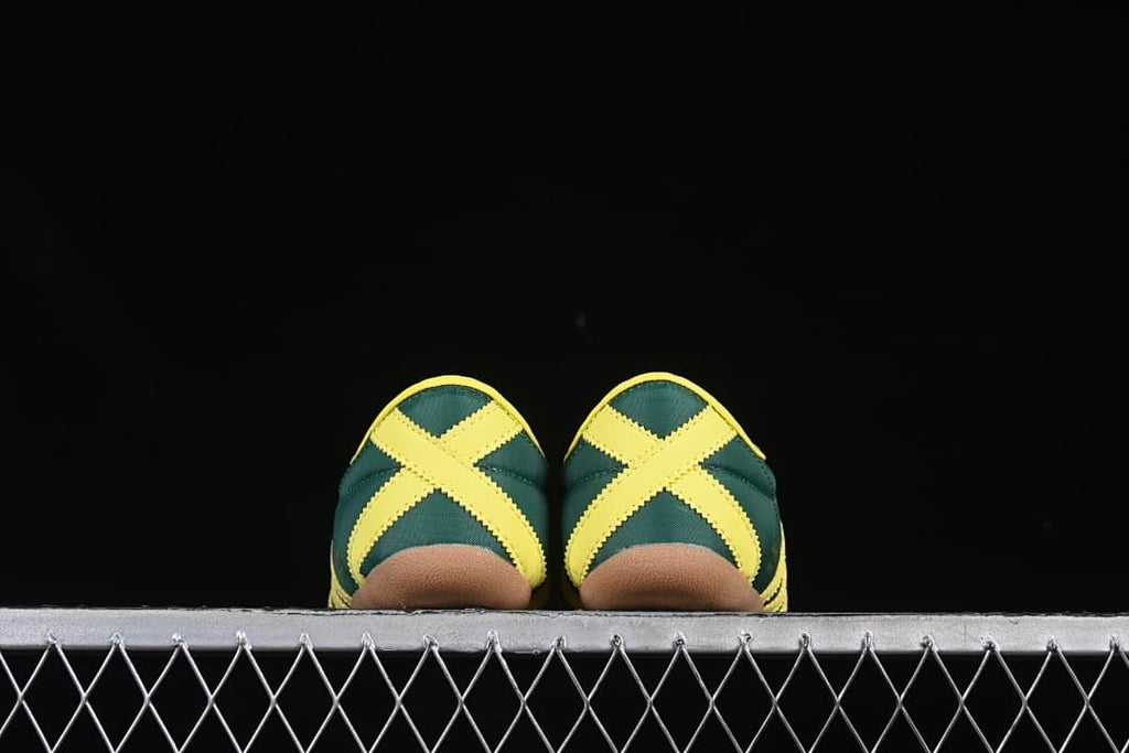 Rear view of the pair highlighting the crossed yellow heel details