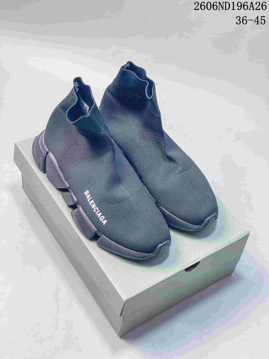 Pair of charcoal grey Balenciaga sock-style sneakers shown from above and at an angle
