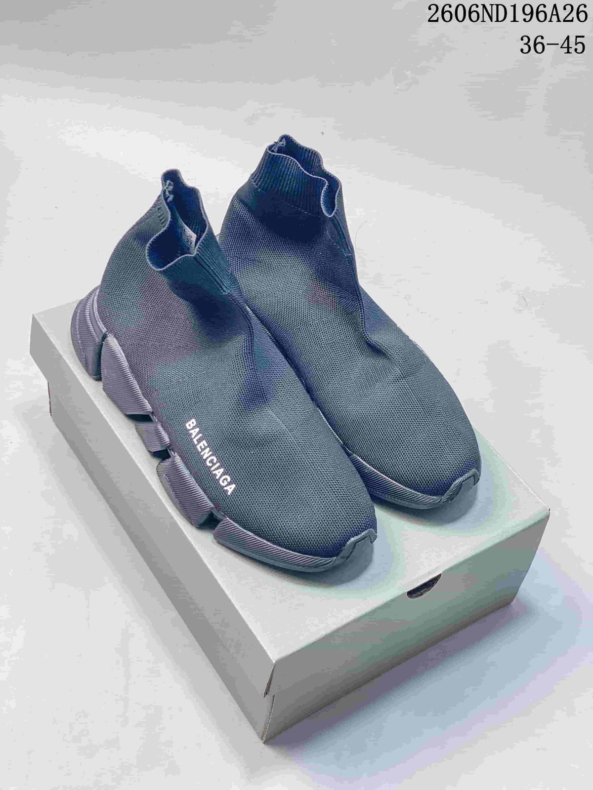 Pair of charcoal grey Balenciaga sock-style sneakers shown from above and at an angle