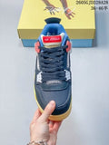 Front view of a navy-blue and yellow Air Jordan 4 sneaker with red and white lace supports