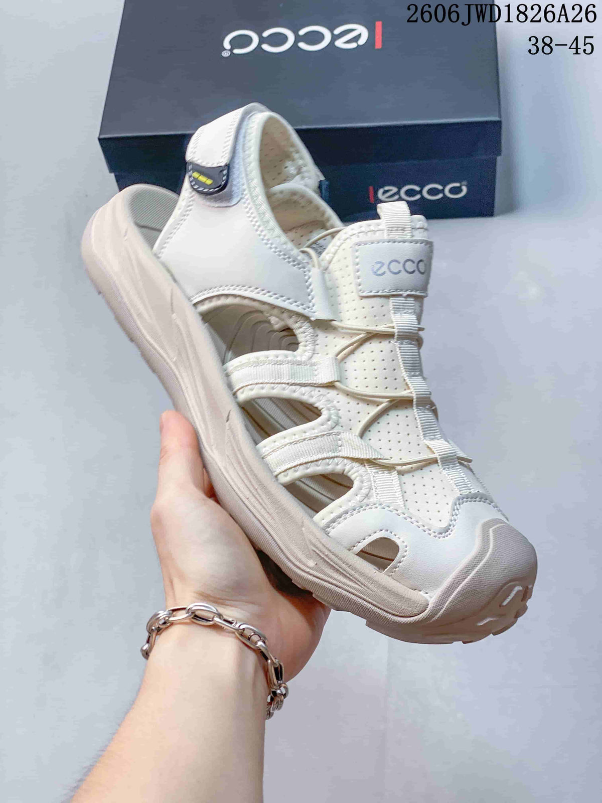 Close-up of a white ECCO open-toe sandal showing its adjustable heel strap and front cord closure.