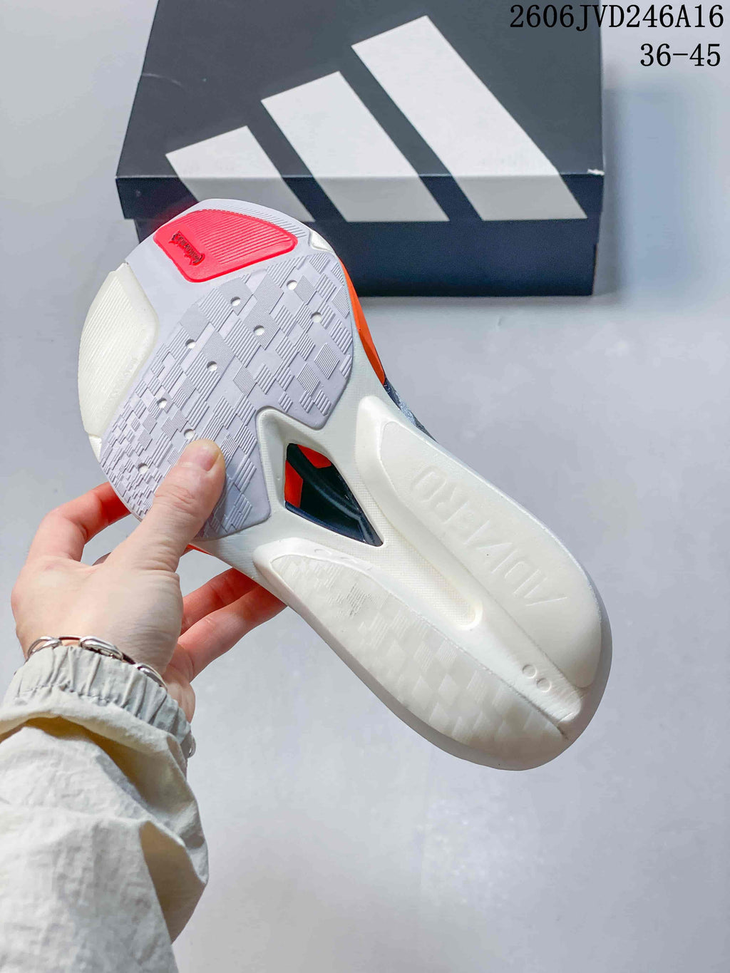 Underside of a running shoe showing the outsole and central sole structure.
