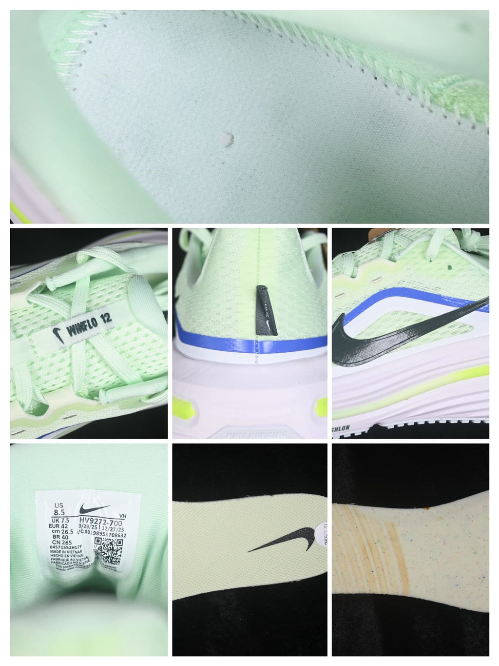 Detail collage showing the perforated upper, Winflo 12 tongue branding, inner label, Swoosh and outsole texture; the label shows US 8.5, UK 7.5, EU 42 and CM 26.5.