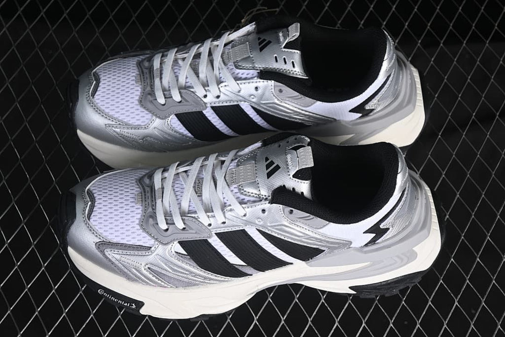 Pair of silver and black sneakers viewed from above
