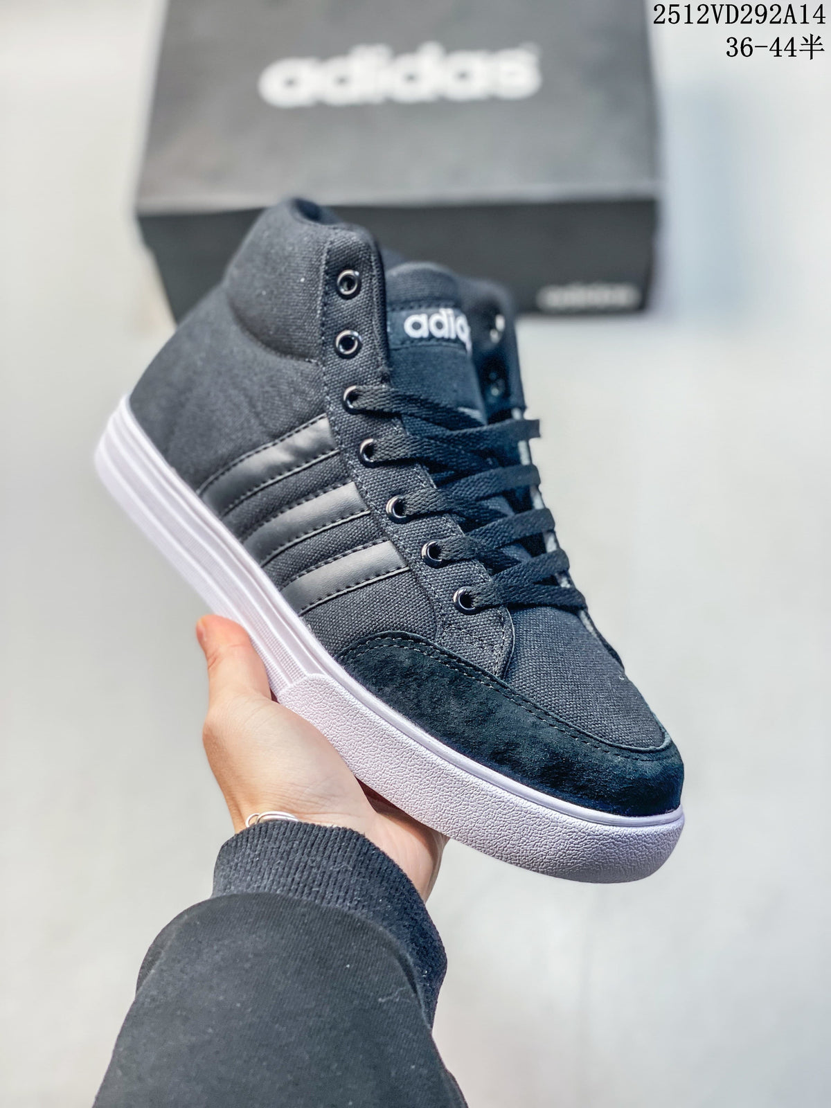 Angled side view of a dark Adidas high-top sneaker with three stripes and a white sole.