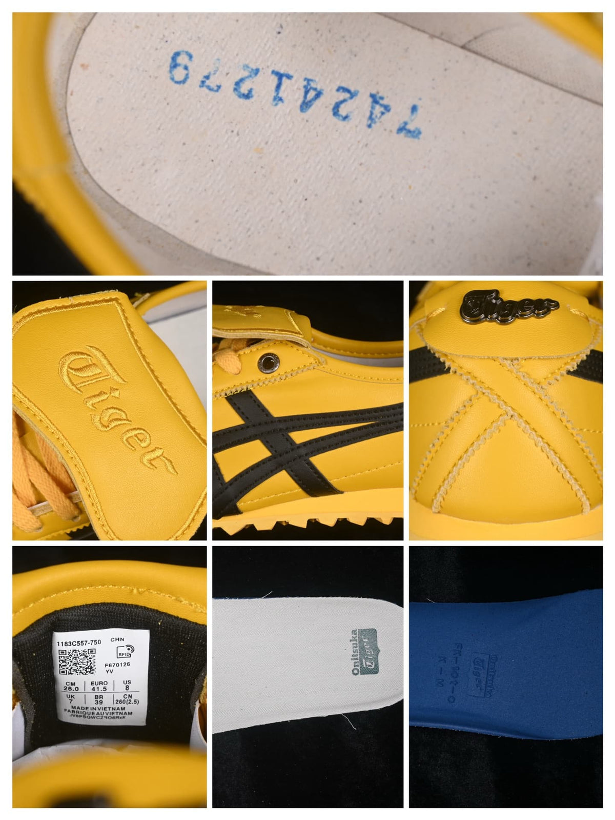 Collage showing shoe details, interior labels, and a label with EU 41.5, US 8, and CM 26.0