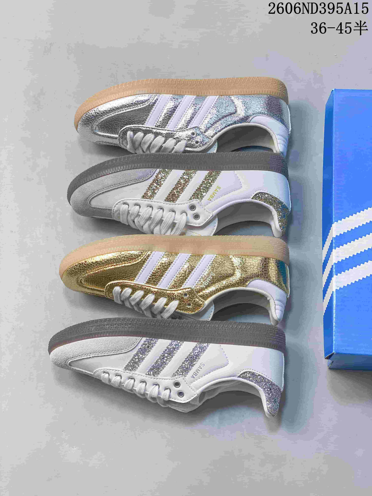 Four views of white-and-metallic low-top sneakers in silver and gold-tone finishes