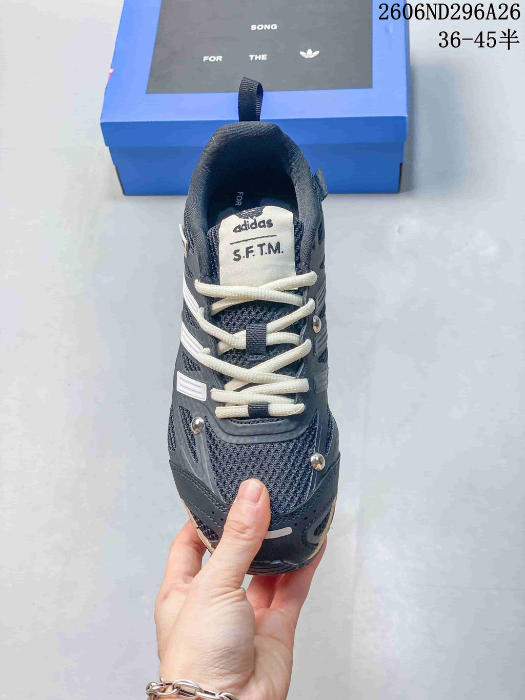 Top view showing the laces, tongue branding and mesh-look upper