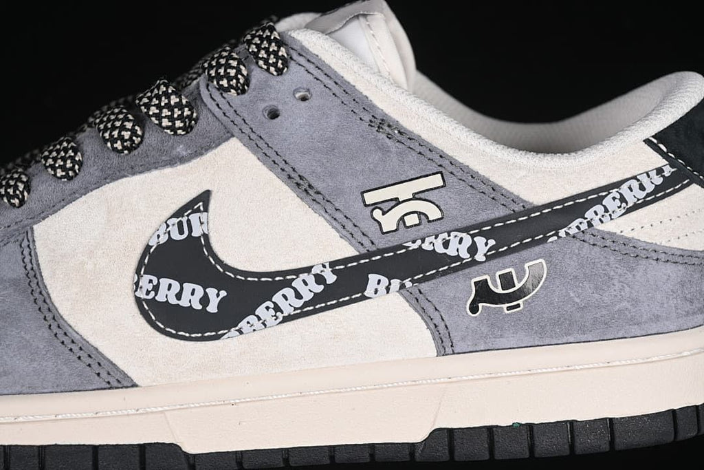 Close-up of the printed Swoosh, patterned laces, and side panels
