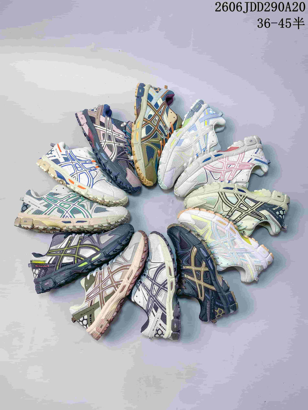 A selection of ASICS Gel-Kahana 8 sneakers in assorted color combinations; image text states sizes 36–45.