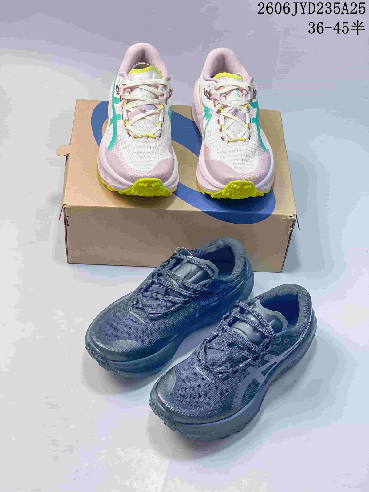 Light pink and dark charcoal ASICS GEL-TRABUCO MAX 5 shoes shown together in two colorways.