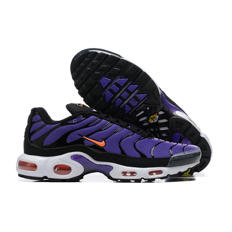 Purple and black Nike Air Max Plus-style sneakers with a white midsole and orange logo accent.