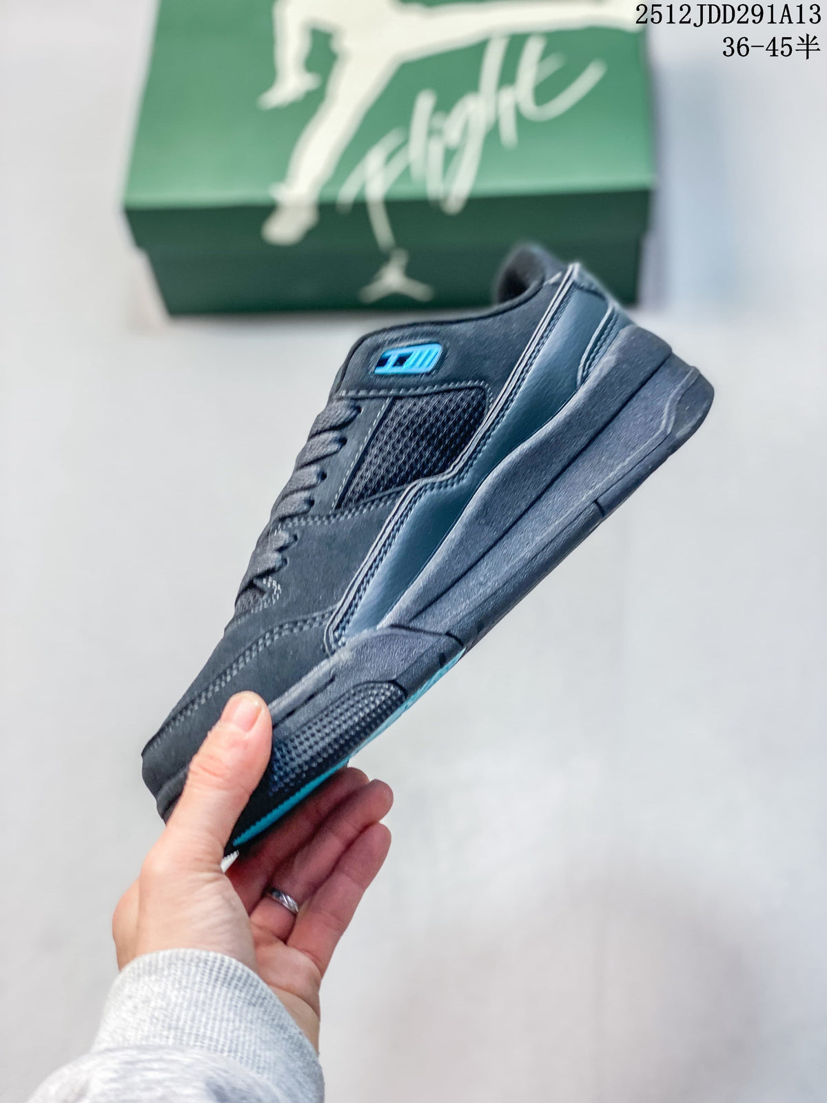 Side profile highlighting the dark upper, mesh panel, and blue accent detail