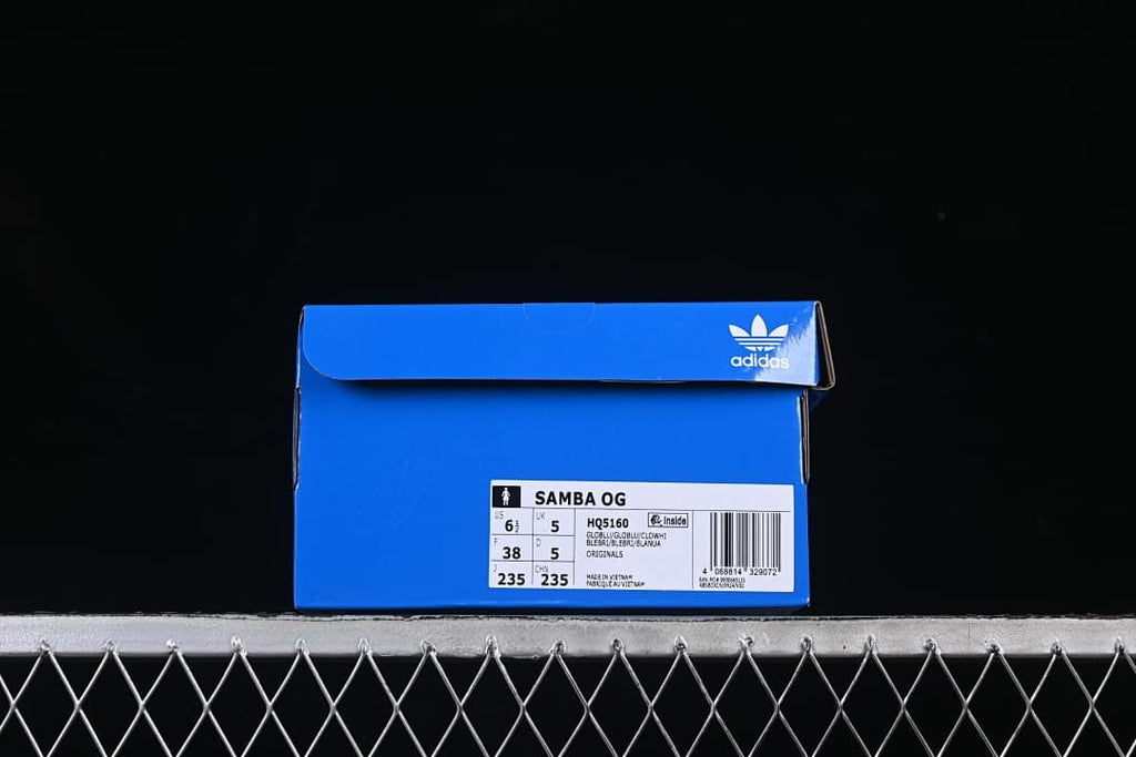 Shoe box label showing Samba OG, HQ5160, and sample size