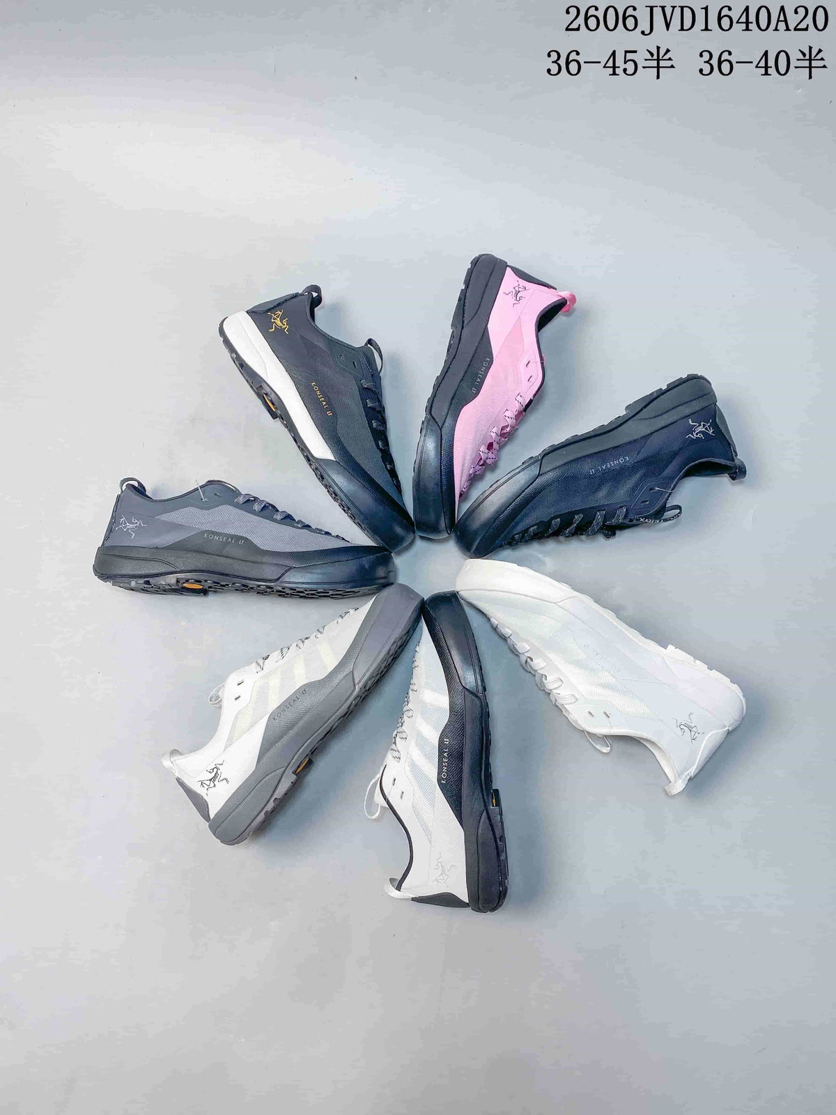 Several Arc'teryx Konseal LT shoes arranged in different colorways; image overlays list sizes 36–45.5 and 36–40.5.