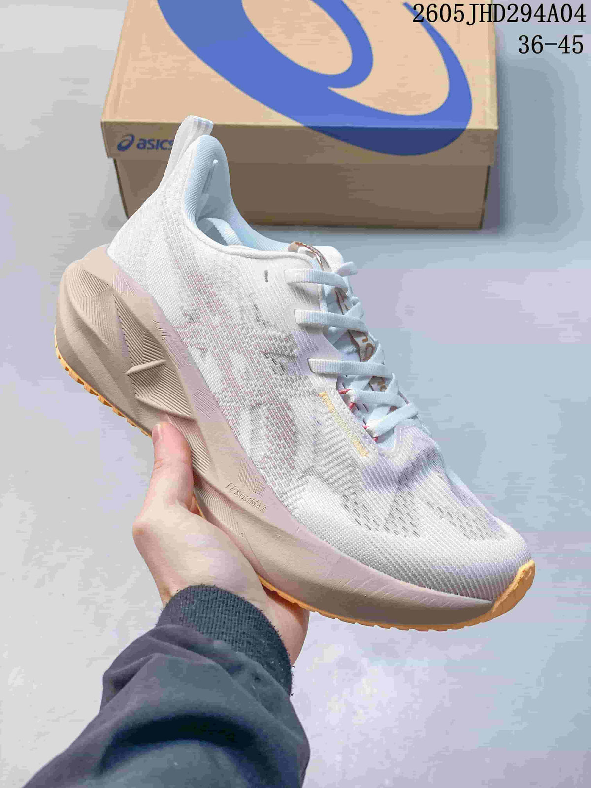 White and pastel-accented ASICS NOVABLAST 5 LE running shoe