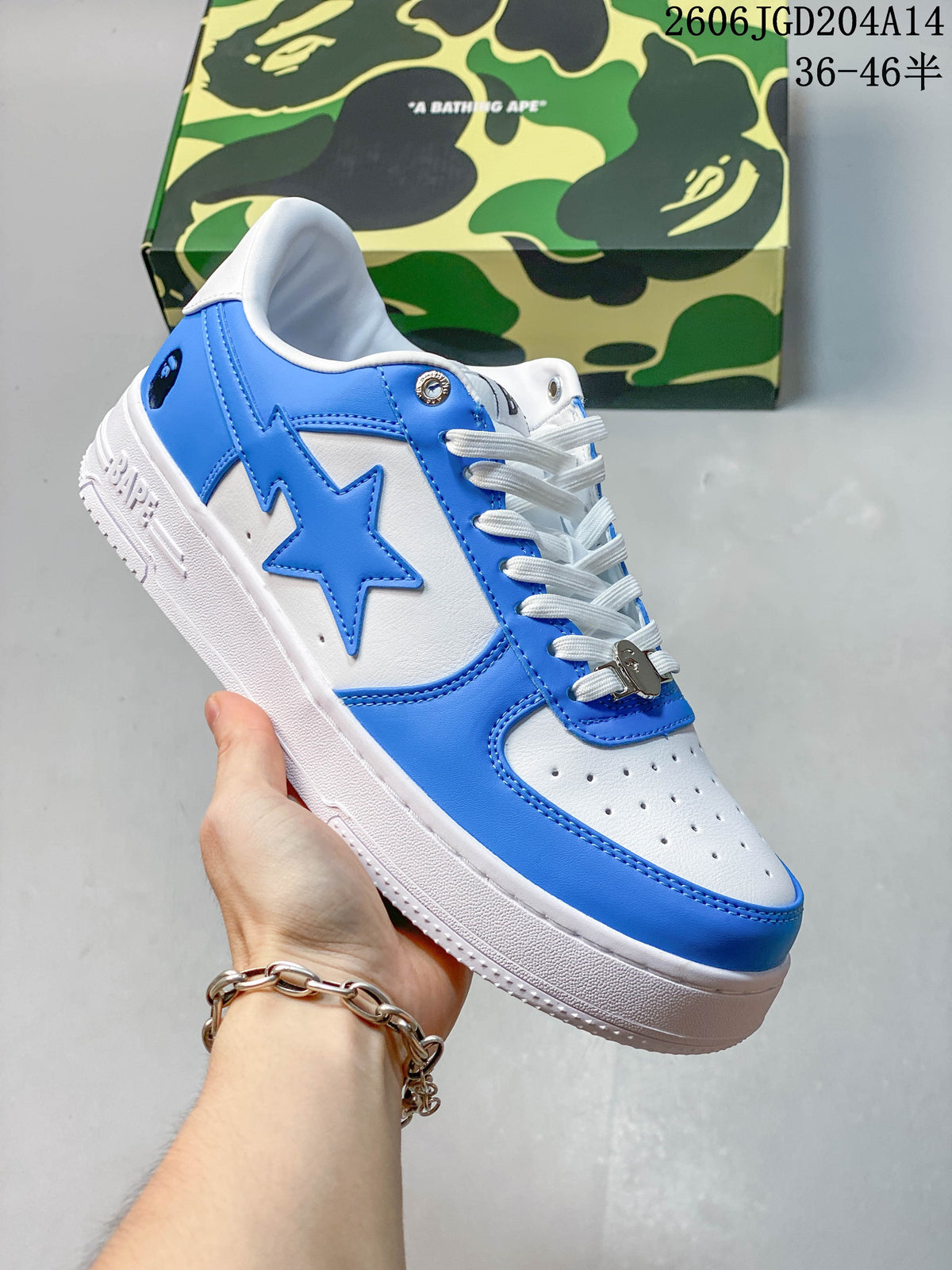 Side view of a blue and white BAPE STA sneaker showing its star-shaped side panel
